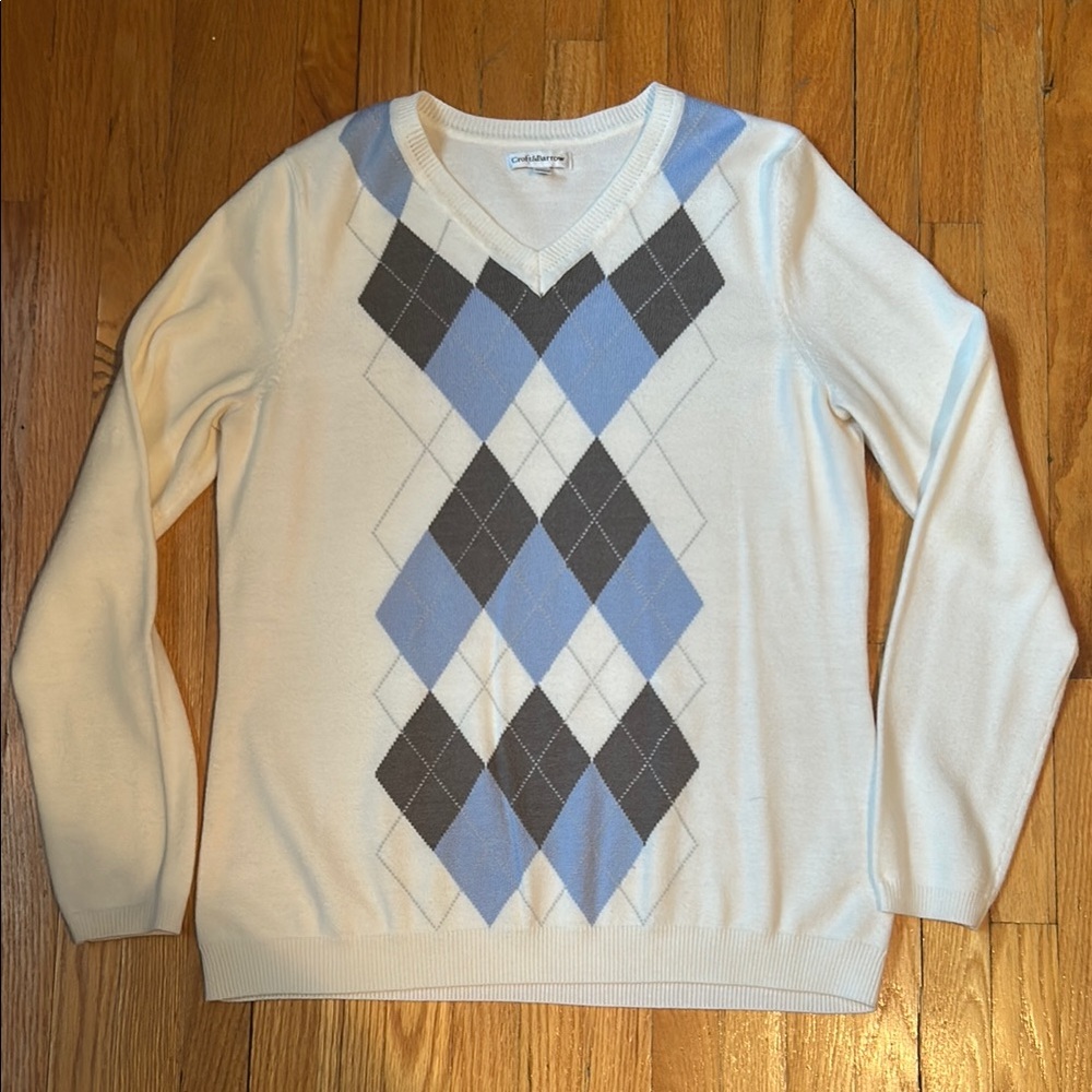 Croft & Barrow V-Neck Sweater - Cream, Blue, and Gray Argyll Size medium